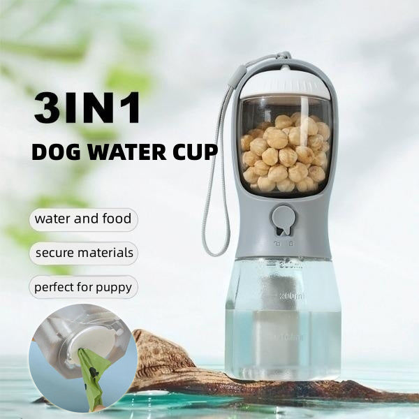 3-in-1 Portable Dog Water Bottle – Travel Food Bowl, Poop Bag Holder & Leakproof Pet Cup
