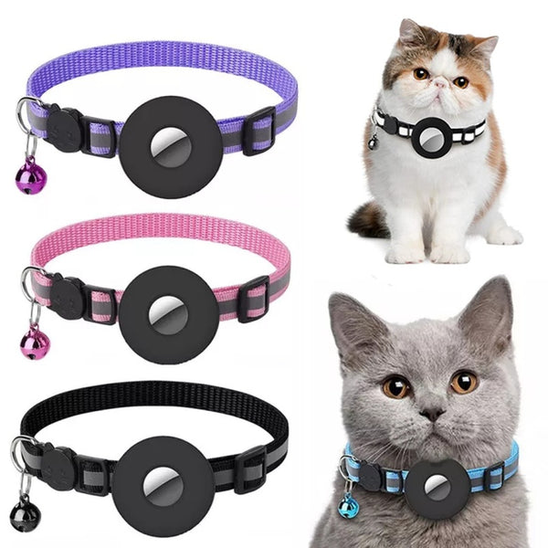 Reflective Dog Collar with AirTag Holder – Waterproof Nylon GPS Tracker Strap for Cats & Dogs